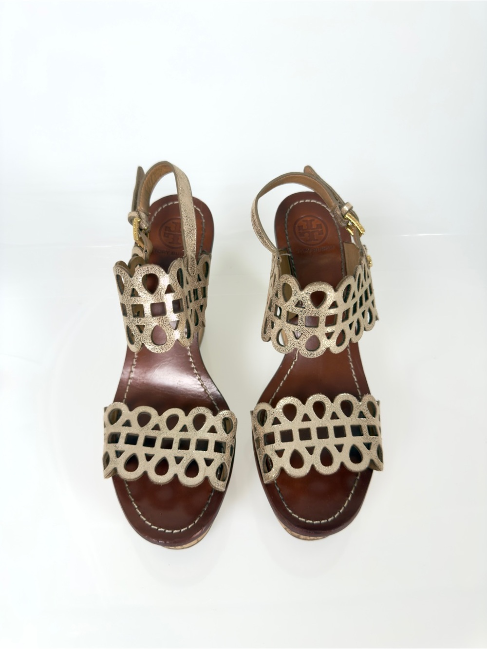 Tory Burch Nori Metallic Gold Laser-Cut Wedge Sandals - Women